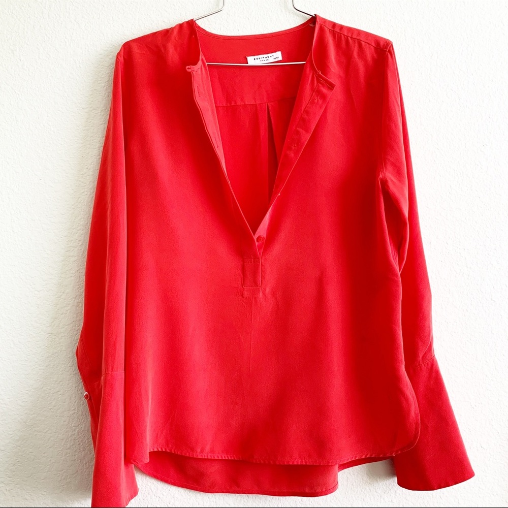 EQUIPMENT red silk flare long sleeve blouse button up top shirt XS